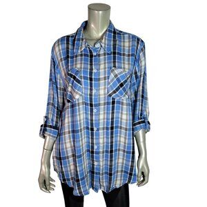Lane Bryant Flannel Top Plus Size 20 Rayon Pockets Roll Tab Sleeves Plaid Blue‎